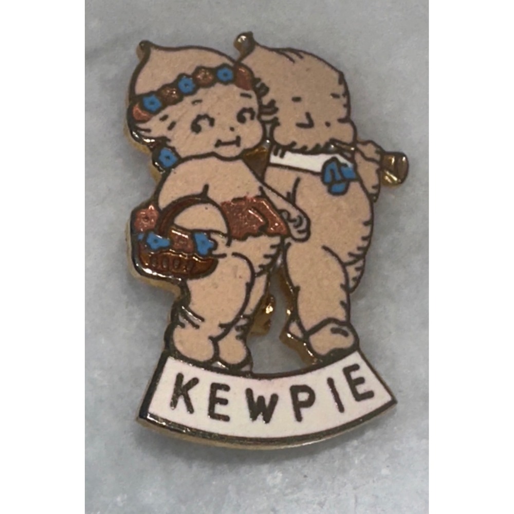 Vintage Kewpie Doll Enamel Pin Gold Tone Two Characters Taiwan Retro Brooch